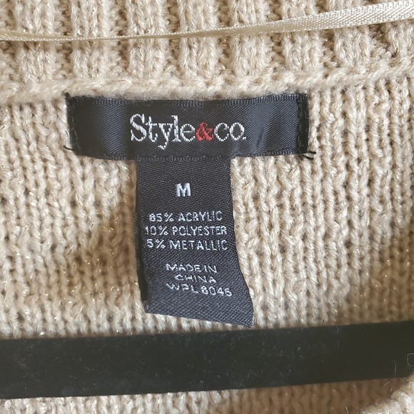 𝅺Style & CO. Large cable knit zipper metallic shimmer gold beige sweater Size L - Picture 3 of 9